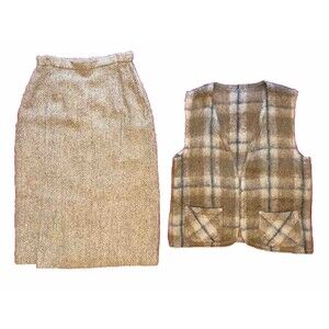 VTG Donegal Design Womens 2-Pc Mohair Wool Lined Skirt & Vest Hand Woven Ireland